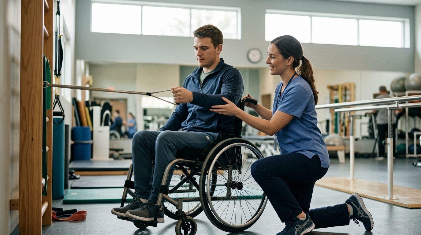 Young adult in wheelchair working with physical therapist in rehabilitation gym.
