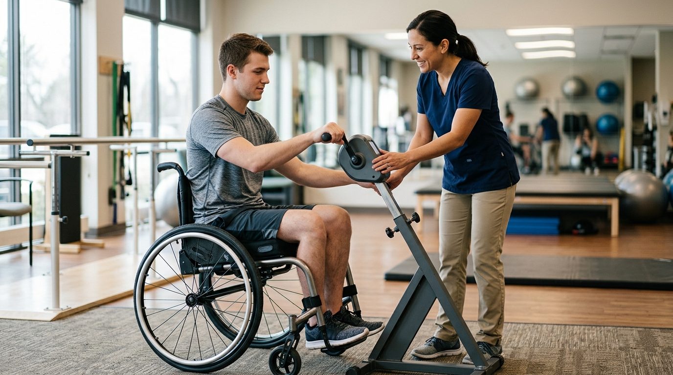 Young adult in wheelchair working with physical therapist in spinal cord injury rehabilitation gym.
