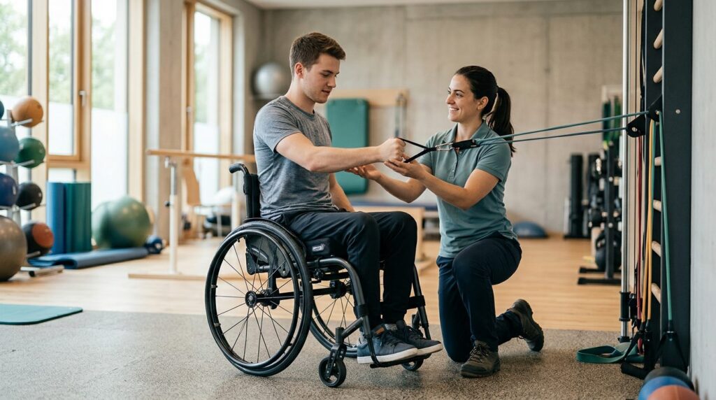 Young adult in wheelchair working with physical therapist in spinal cord injury rehabilitation gym.