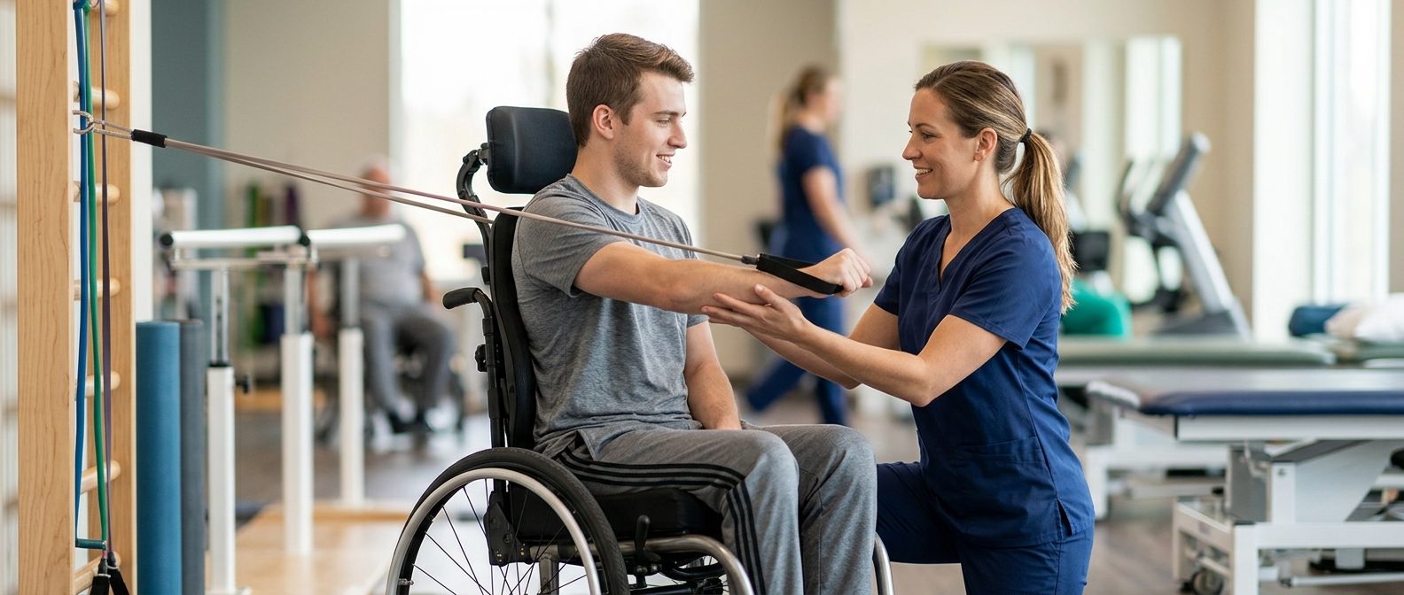 Young adult in wheelchair working with physical therapist in spinal cord injury rehabilitation gym.