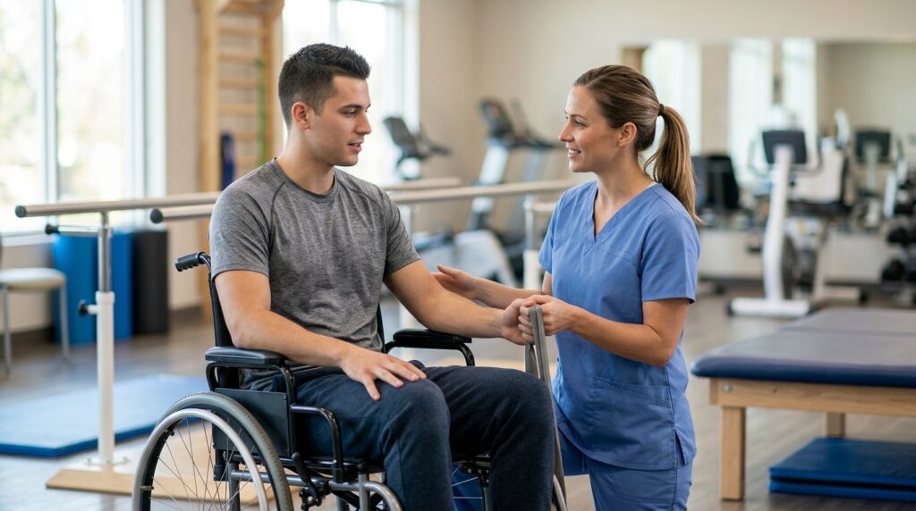 Young adult using a wheelchair works with a physical therapist in a spinal-cord-injury rehabilitation gym.