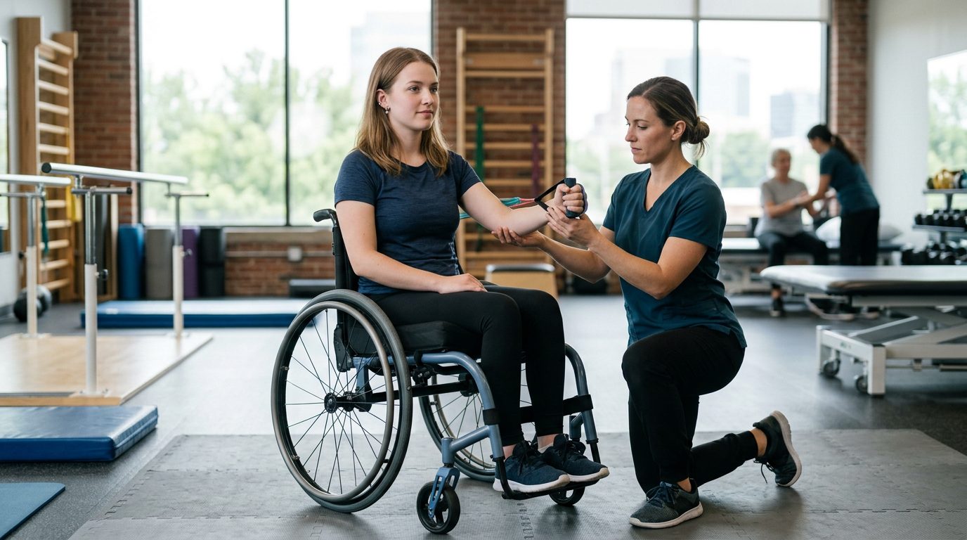 Young adult using a wheelchair works with a physical therapist in a spinal-cord-injury rehabilitation gym.