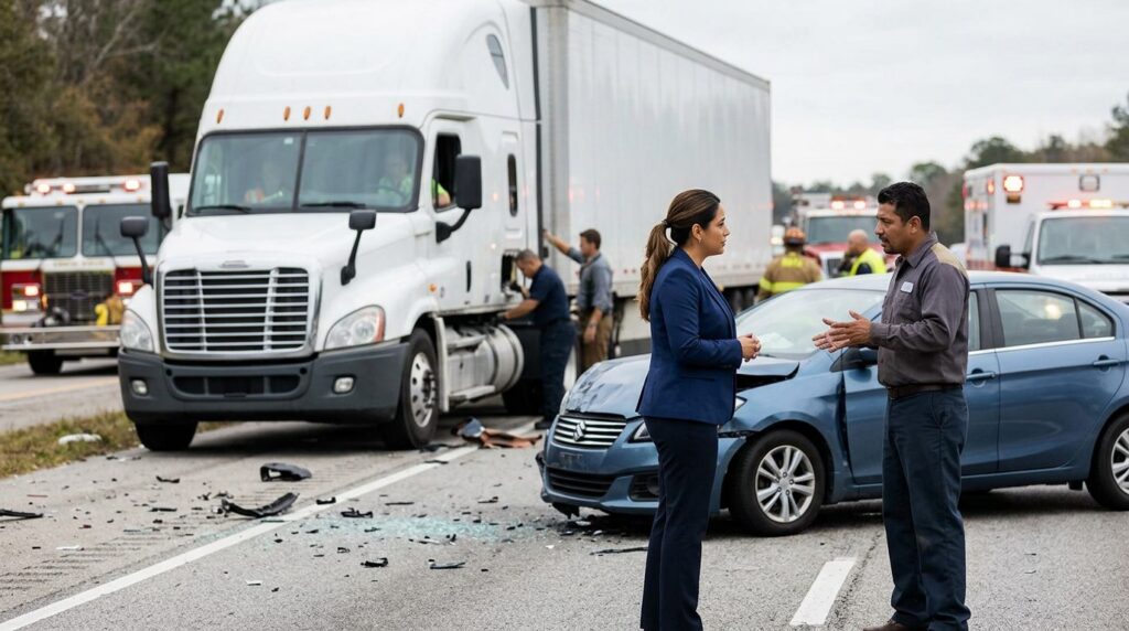 Abogado de Resbalones y Caídas en Jacksonville con camión semirremolque y vehículo dañados tras accidente.