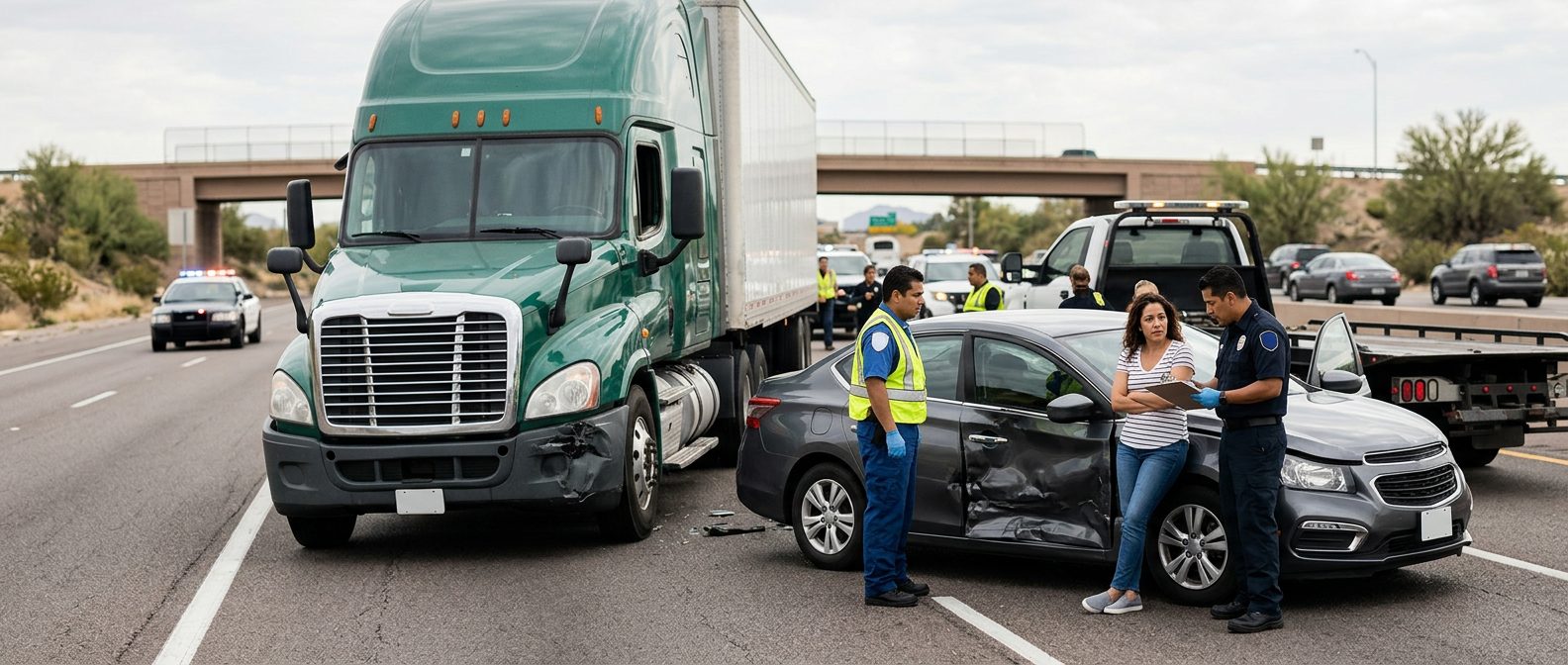 Abogado examina accidente entre camión y automóvil para caso de alquiler vacacional.