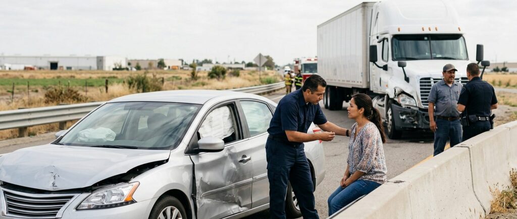 Abogado examina daños en vehículos tras accidente grave de camión.