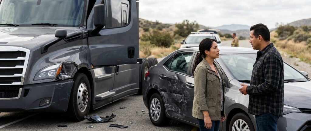 Abogado examina daños vehiculares tras accidente grave entre camión y auto.