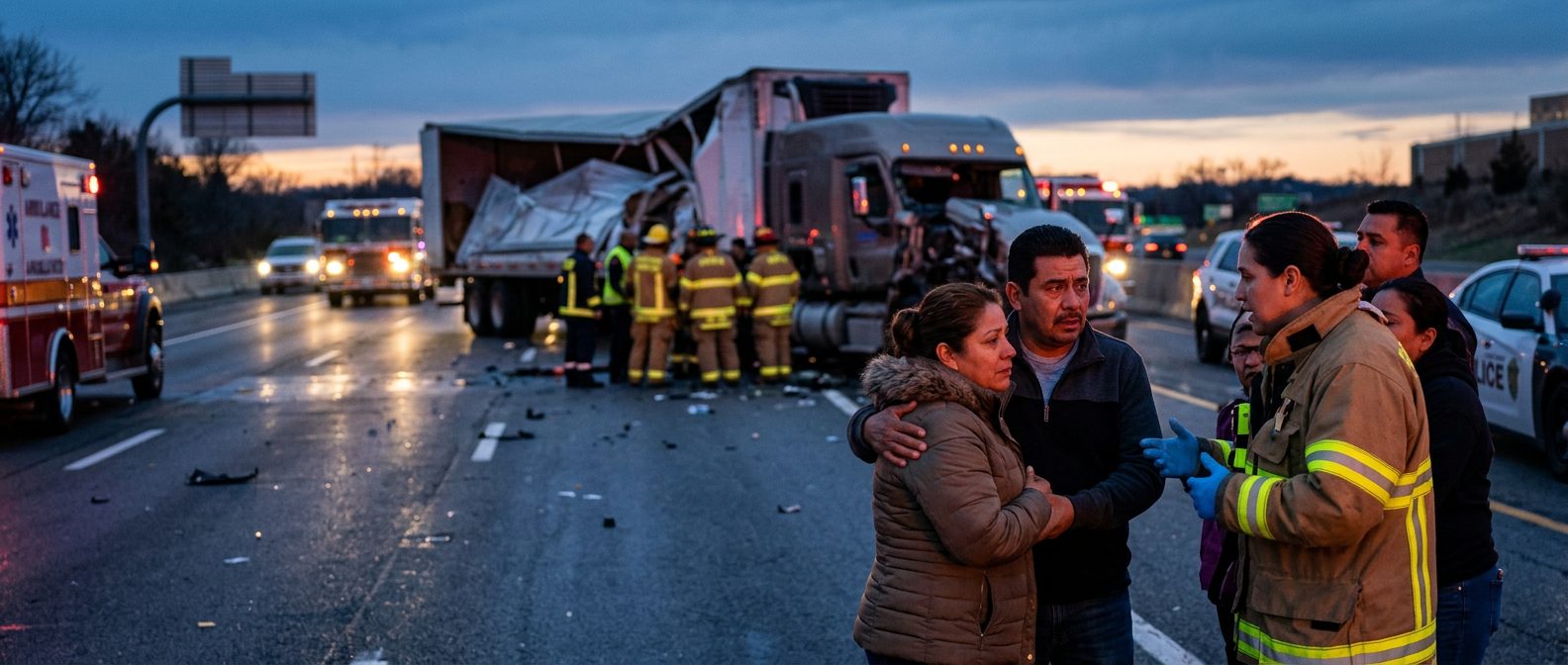 Abogado examina escena de accidente laboral mortal en carretera con camión comercial.