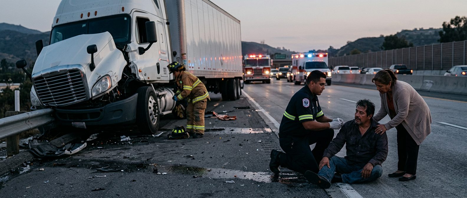 Abogado examina escena de accidente vehicular grave en carretera al atardecer.