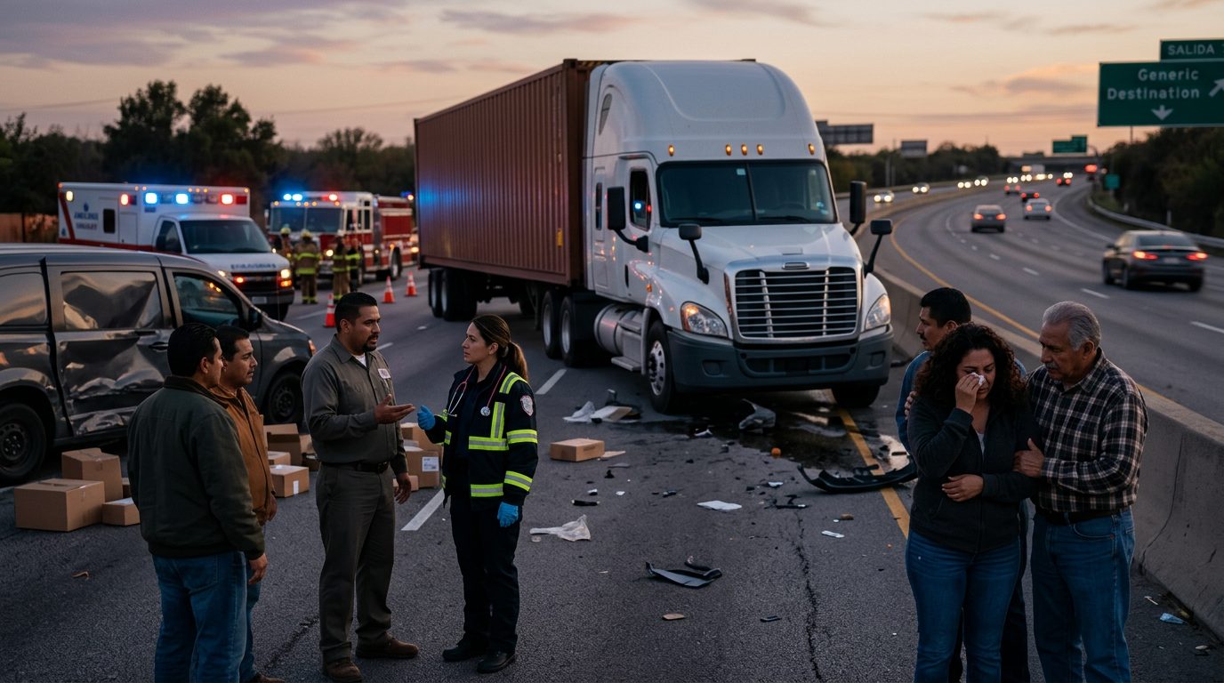 Abogado examinando escena de accidente vehicular en carretera al atardecer.