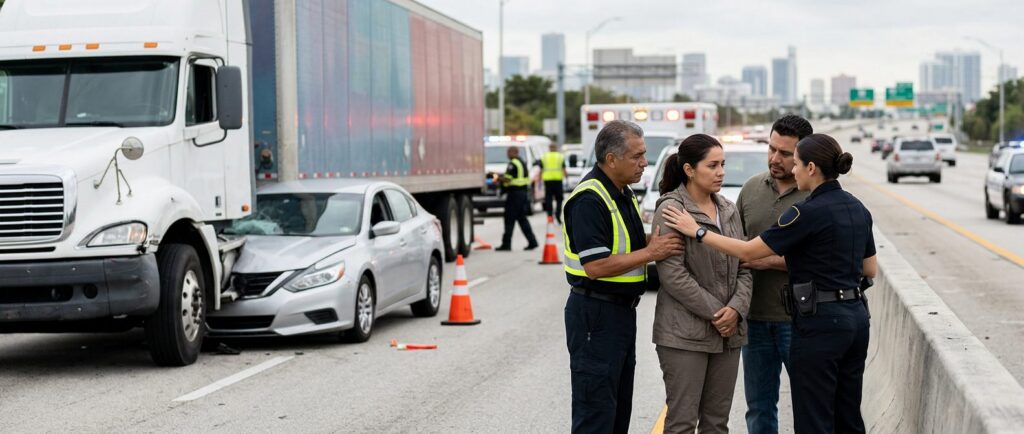 Abogado examinando escena de accidente vehicular grave con vehículos dañados.