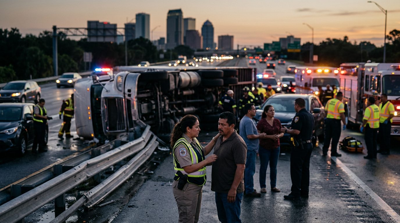 Abogado examinando escena de accidente vehicular grave en carretera al atardecer.