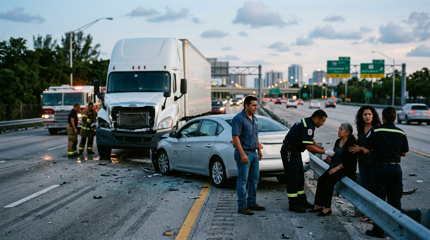 Abogado examinando escena de colisión de camión comercial en carretera al atardecer.