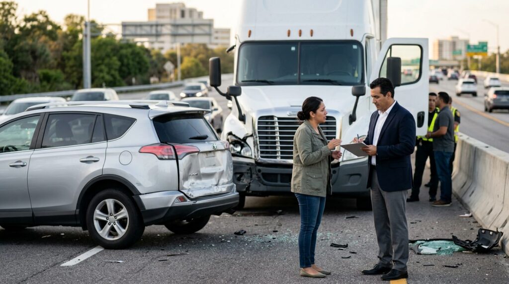 Abogado examinando vehículos dañados tras accidente grave en Tampa.