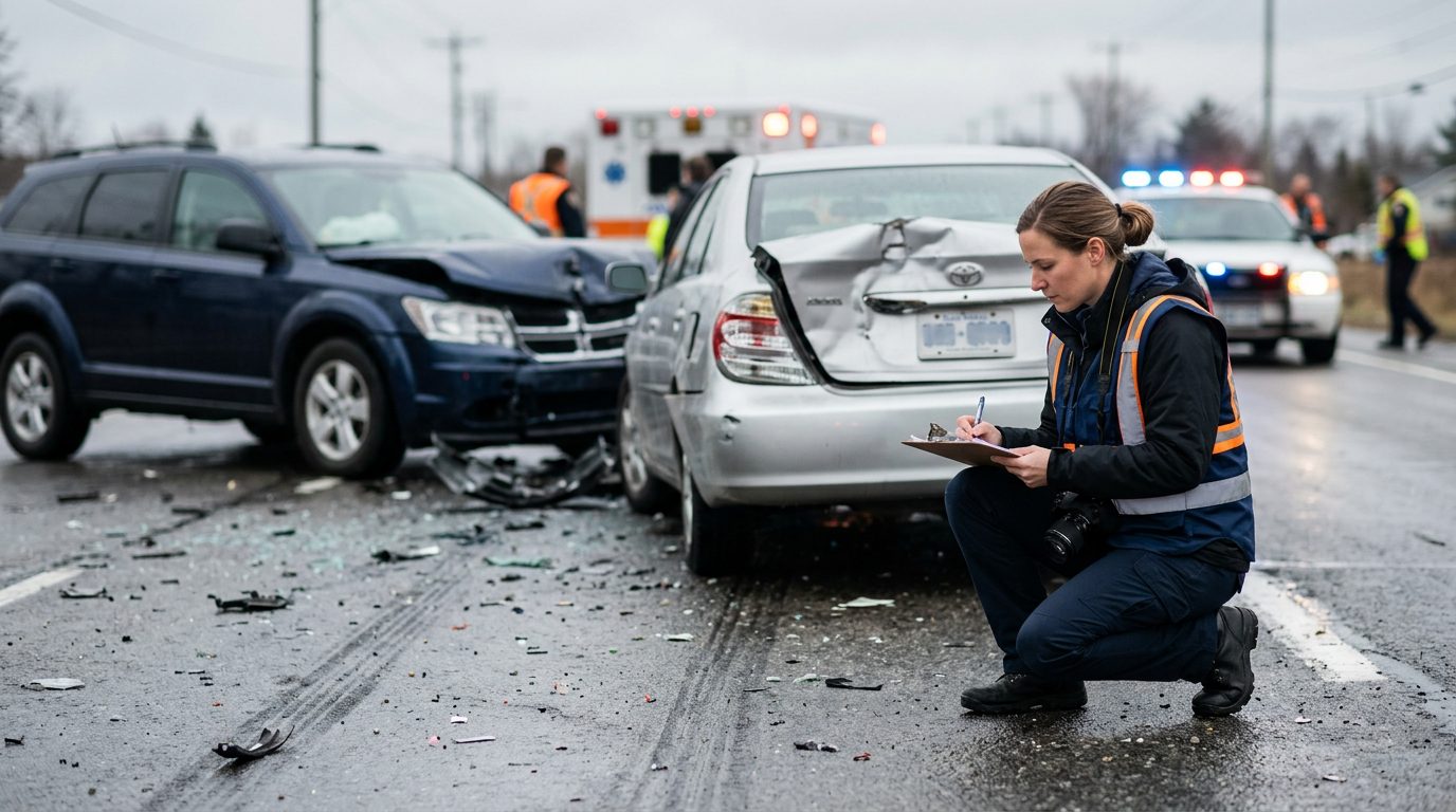 Accident investigator documenting vehicle damage and road conditions at multi-vehicle collision scene.