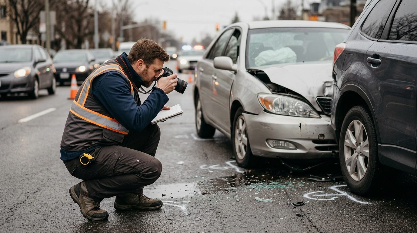 Accident investigator documenting vehicle damage and road conditions at a multi-vehicle collision scene.