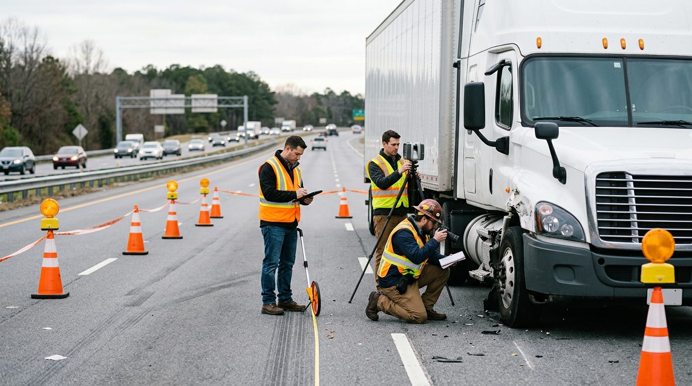 Accident investigators document damage on commercial trucks beside a closed highway lane.