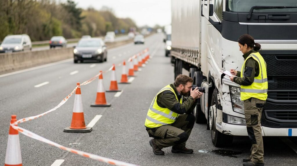Accident investigators document damage on vehicles beside a closed highway lane.