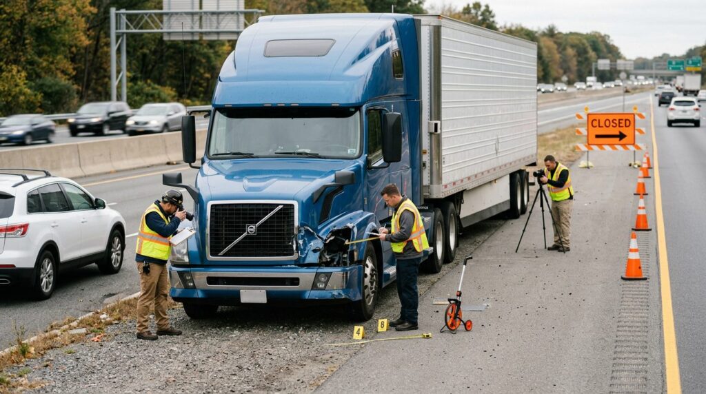 Accident investigators document damaged vehicles on a closed highway lane.