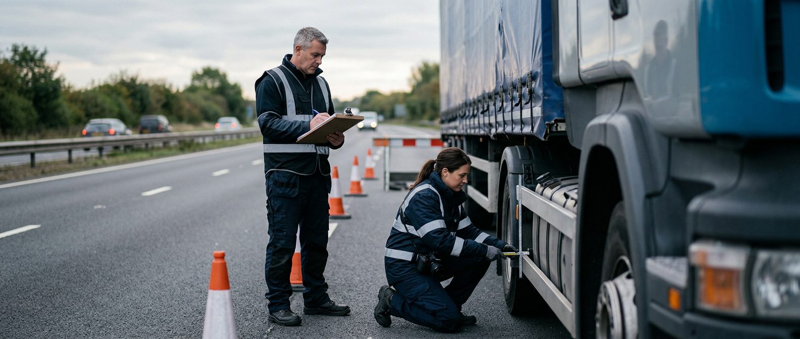 Accident investigators documenting a vehicle collision scene on a closed highway.