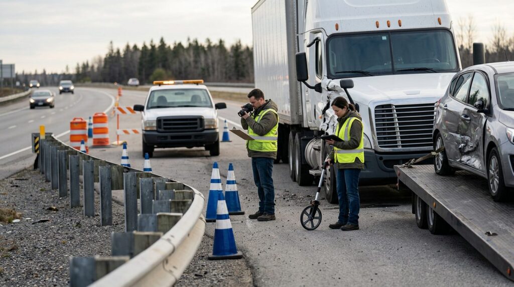 Accident investigators documenting damage to vehicles on a closed highway lane.