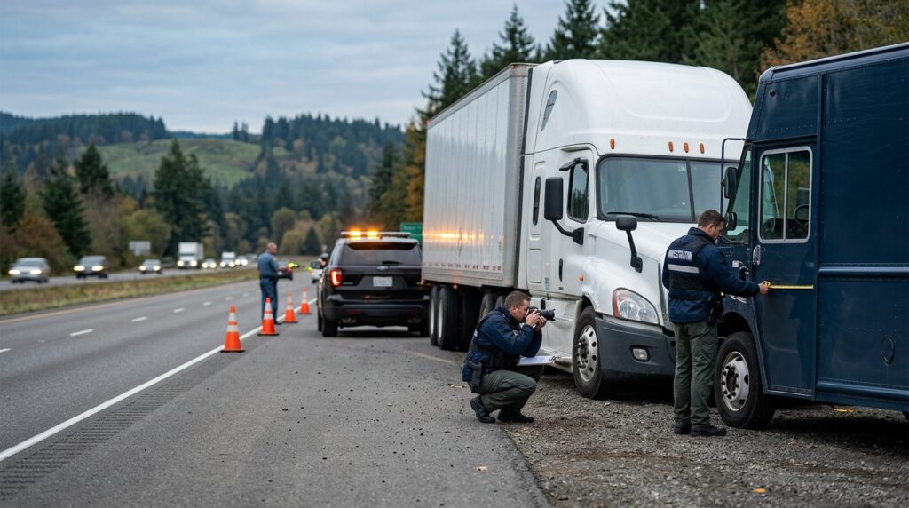 Accident investigators documenting damage to vehicles on a closed highway lane.