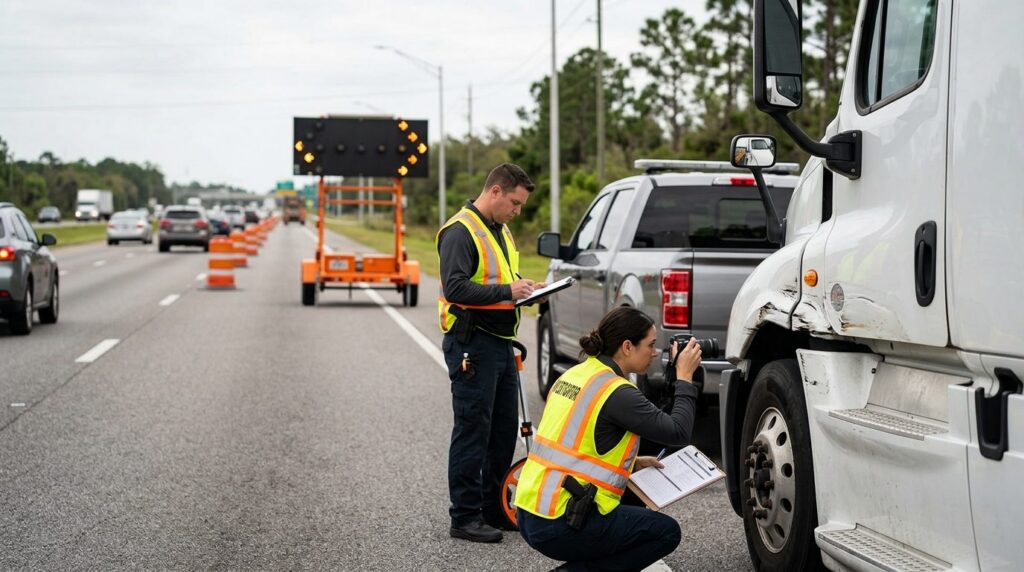Accident investigators documenting vehicle damage on a closed highway lane.
