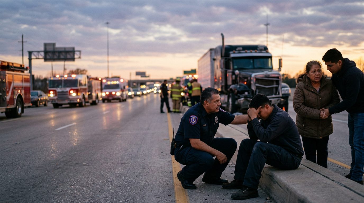 Accidente de camión comercial en autopista al atardecer con personas hispanas.