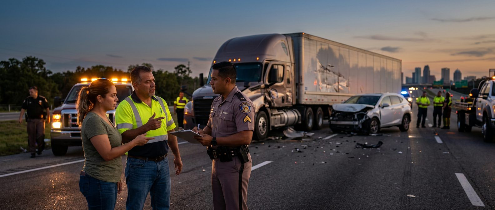 Accidente de camión comercial en carretera al atardecer con personas hispanolas.
