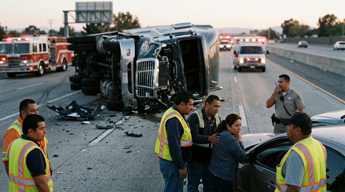 Accidente de camión comercial en carretera al atardecer con personas hispanolas.