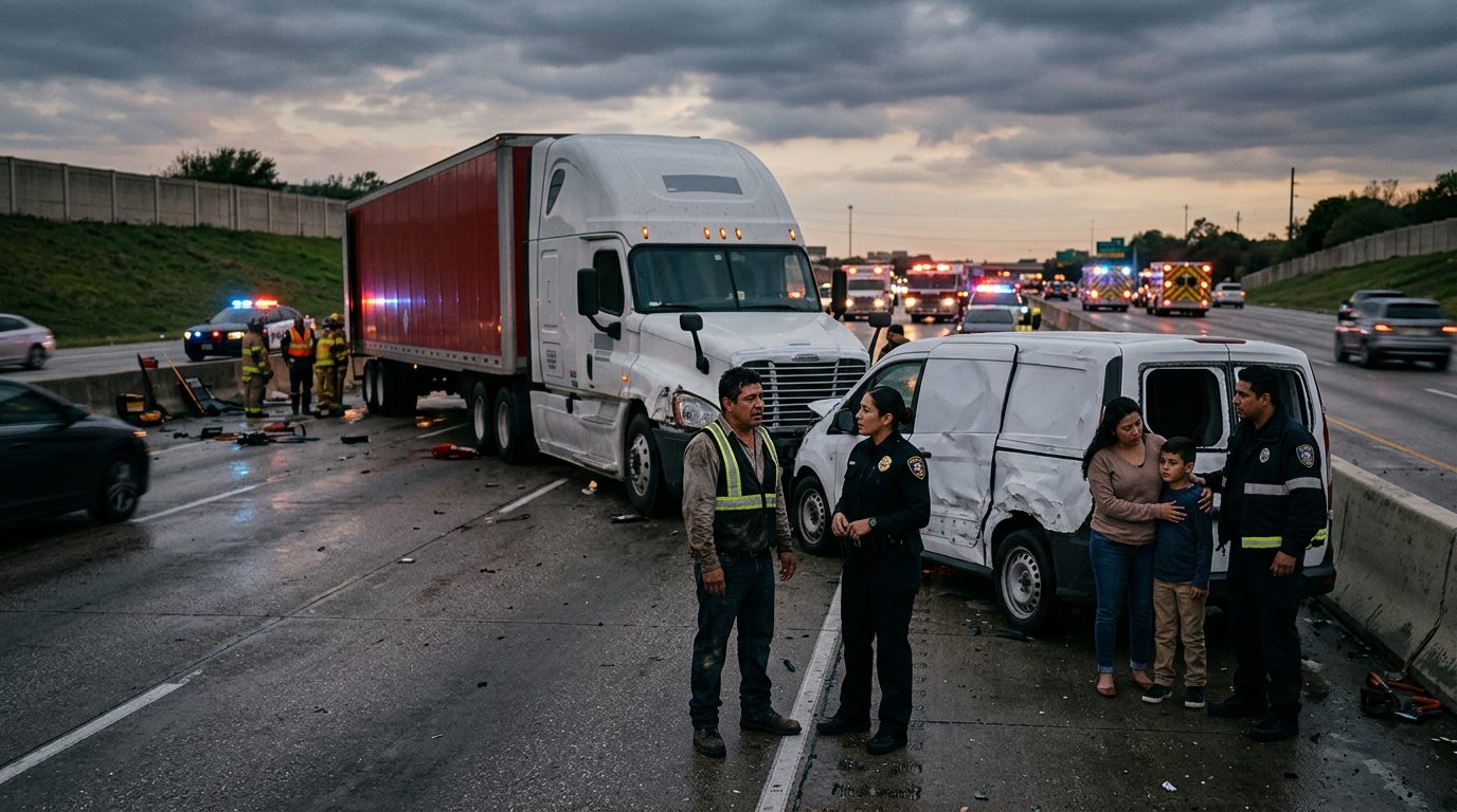 Accidente de camión comercial en carretera al atardecer con personas hispanohablantes.