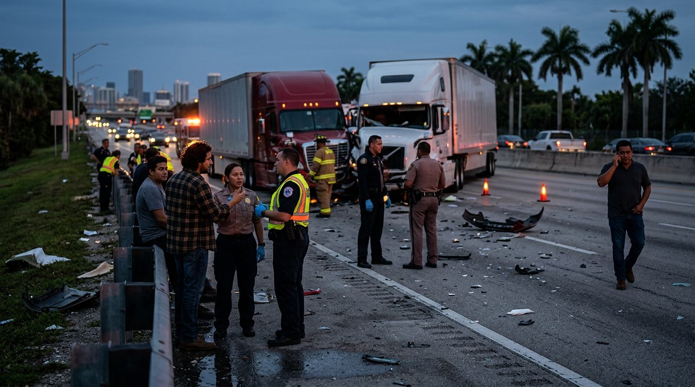 Accidente de camión comercial en carretera al atardecer con personas hispanohablantes.