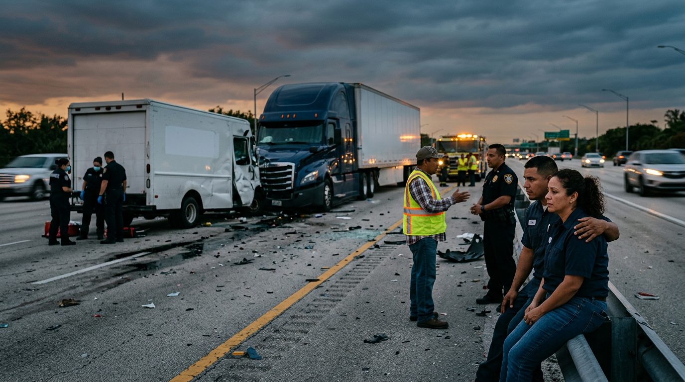 Accidente de camión comercial en carretera al atardecer con personas hispanohablantes.