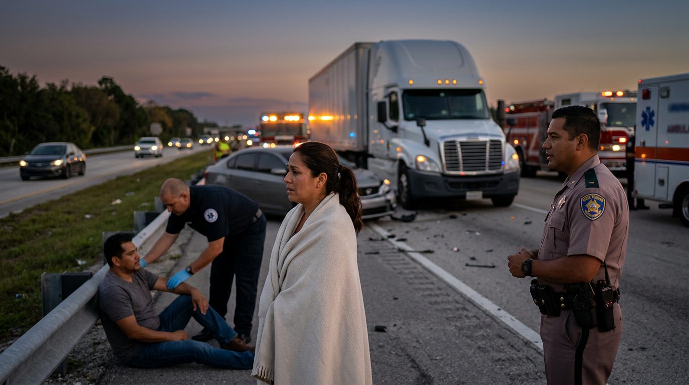 Accidente de camión comercial en carretera al atardecer con personas hispanas.