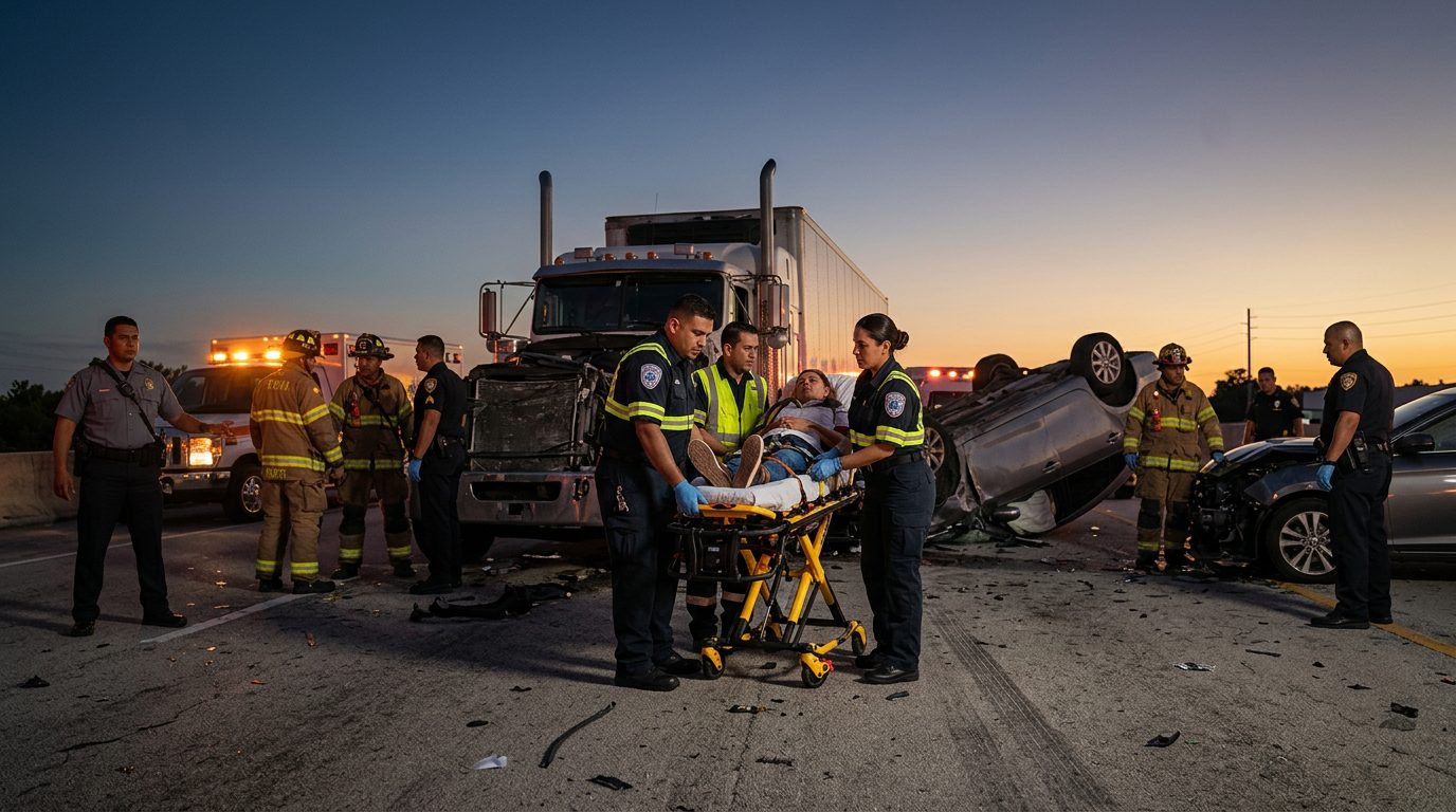 Accidente de camión comercial en carretera al atardecer con personas hispanolas.