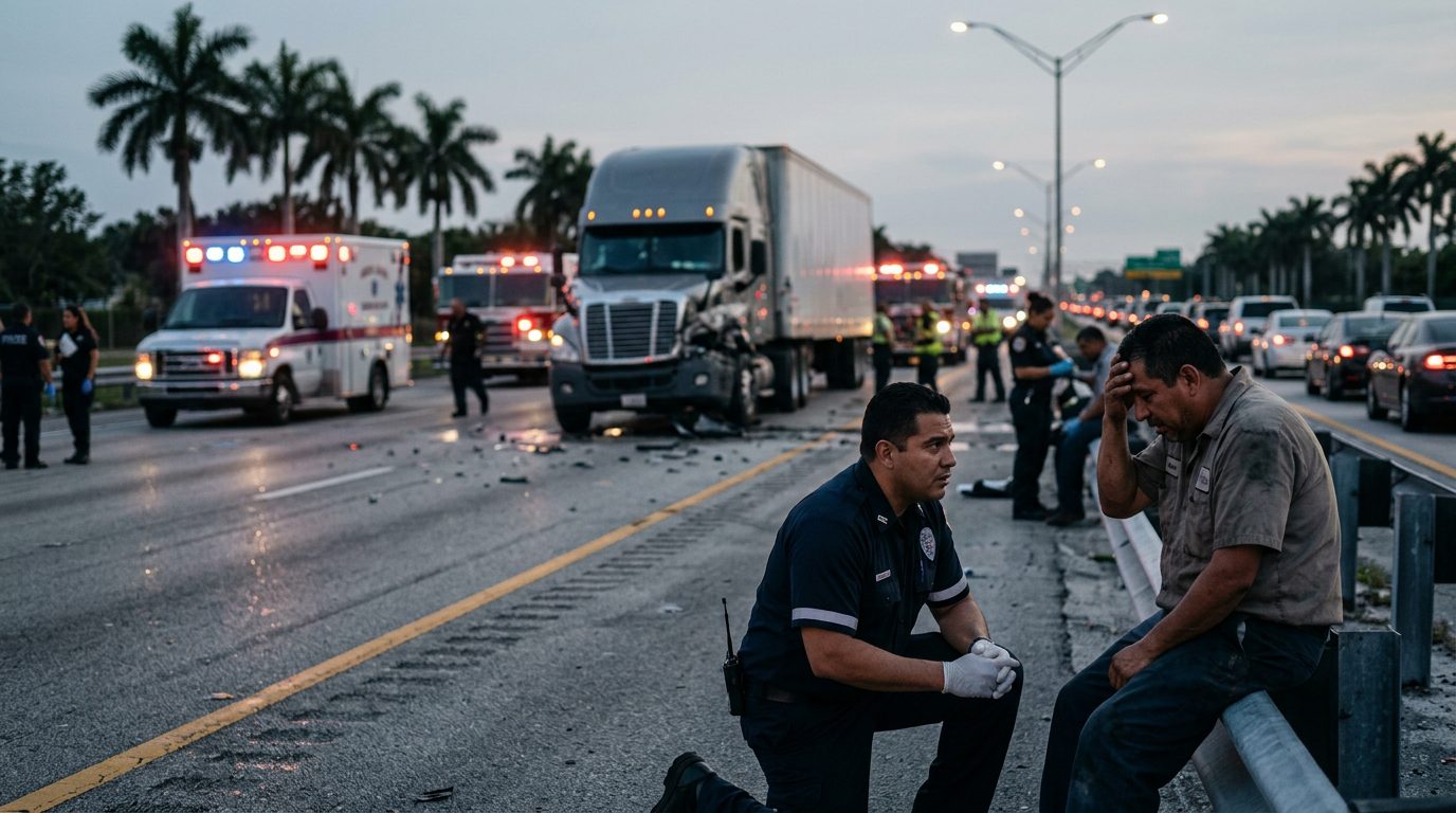 Accidente de camión comercial en carretera al atardecer con personas afectadas.