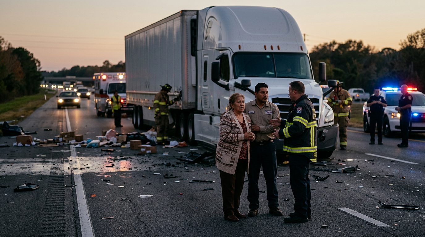 Accidente de camión comercial en carretera al atardecer con personas hispanohablantes.