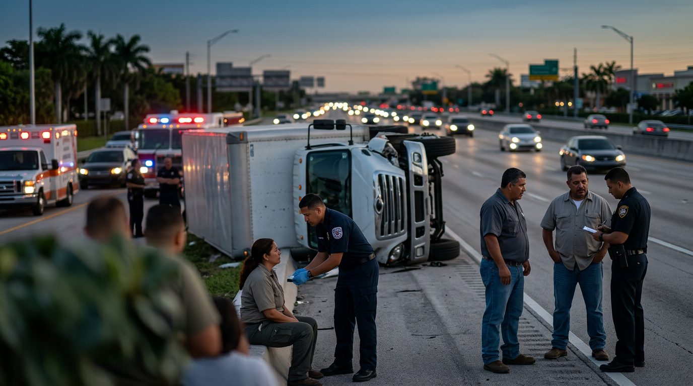 Accidente de camión comercial en carretera al atardecer con personas hispanas.
