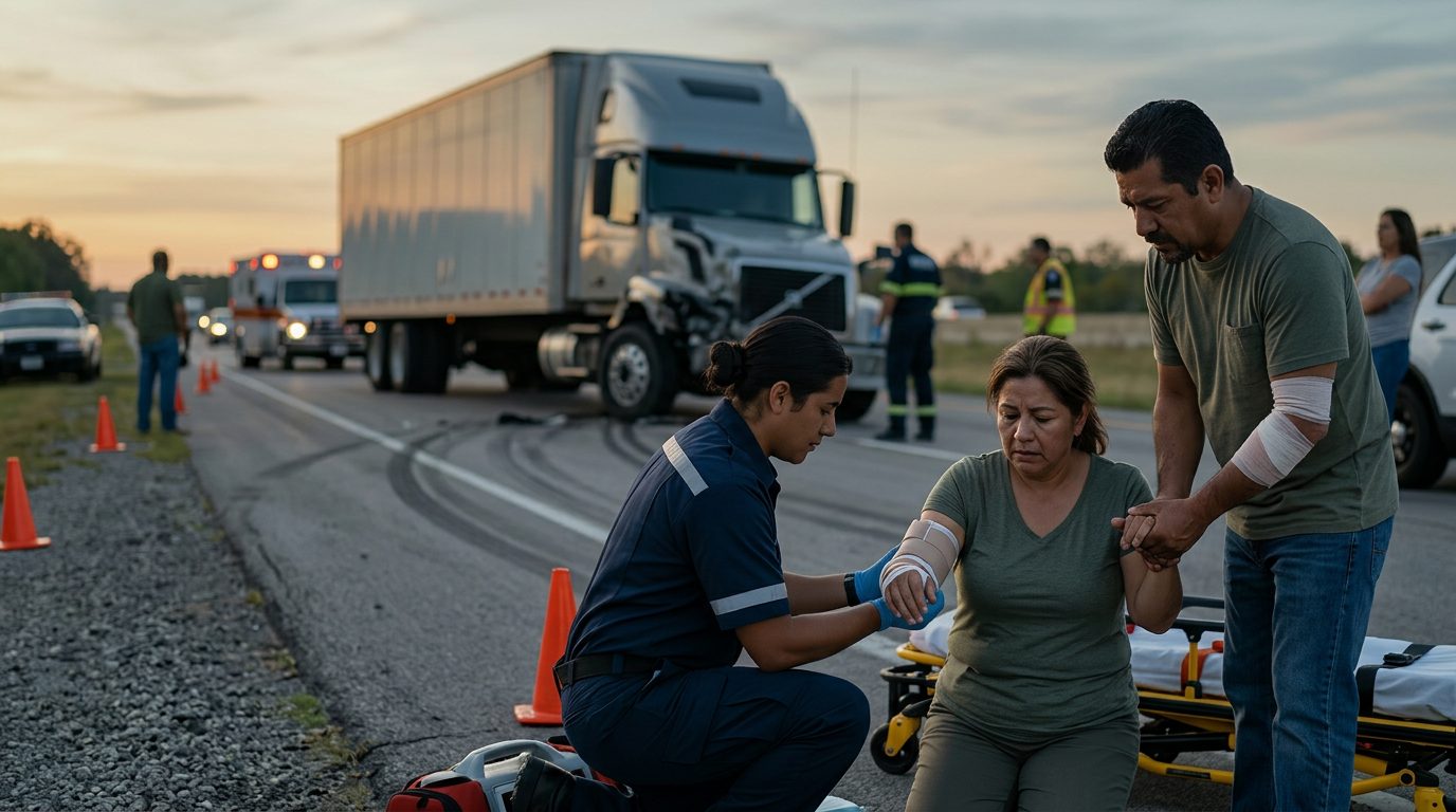 Accidente de camión comercial en carretera con personas heridas al atardecer.