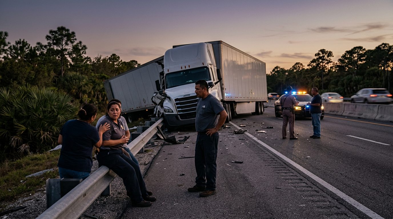 Accidente de camión comercial en carretera con personas hispanas al atardecer.