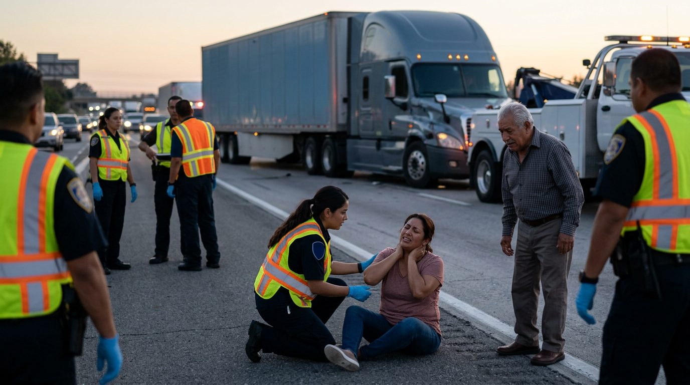 Accidente de camión comercial en carretera con personas hispanas evaluando daños al atardecer.