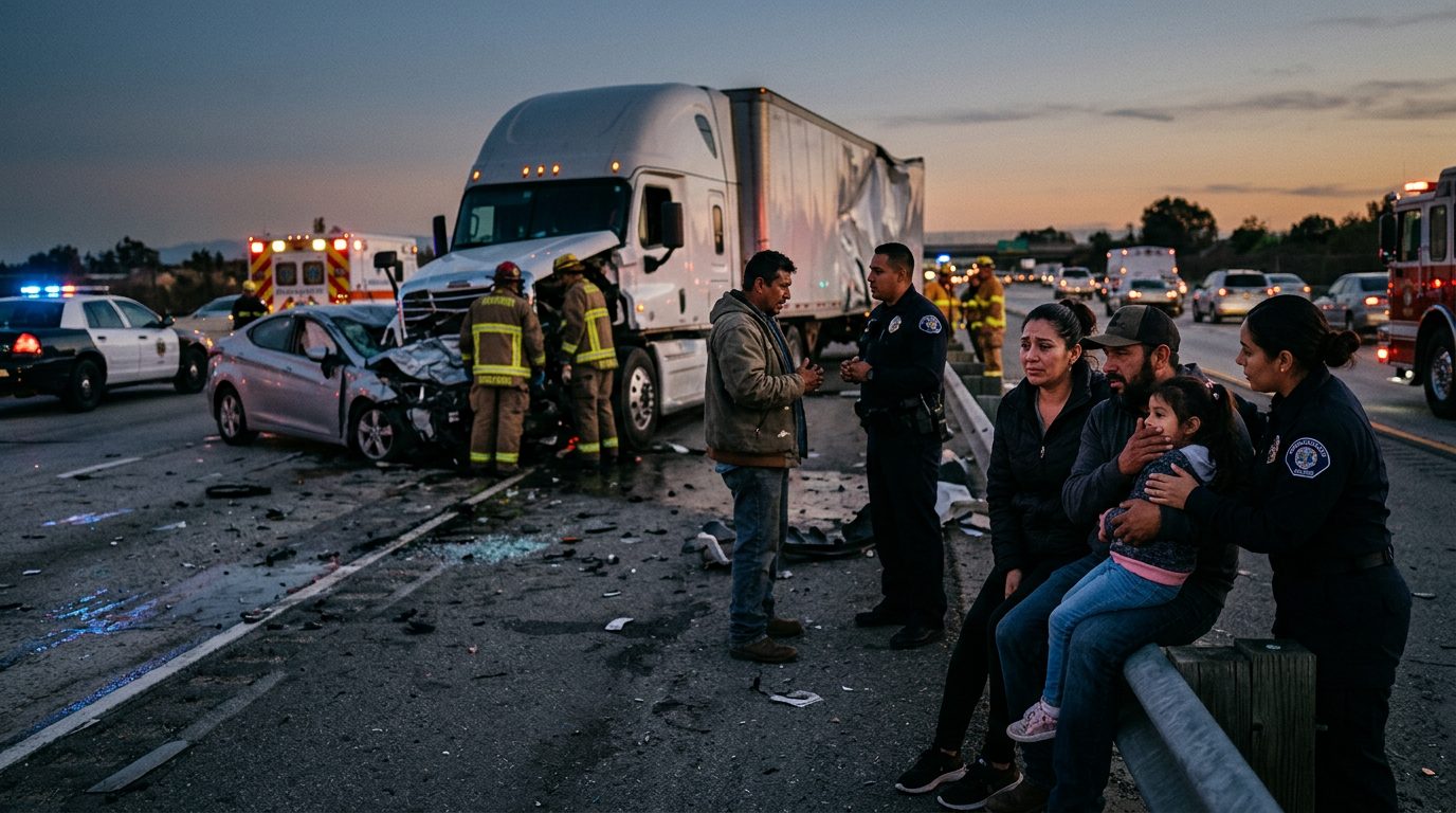 Accidente de camión comercial en carretera con personas hispanohablantes.