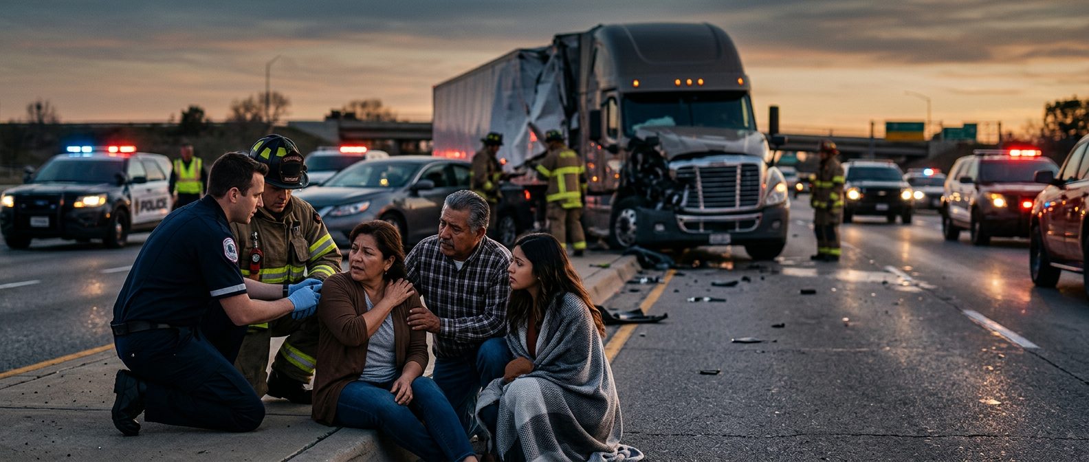 Accidente de camión comercial en carretera con personas hispanas evaluando daños al atardecer.