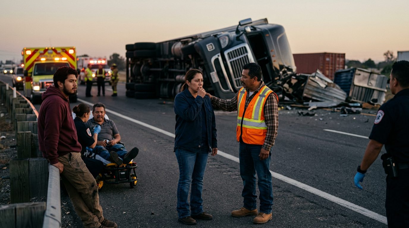 Accidente de camión comercial en carretera con personas hispanohablantes.