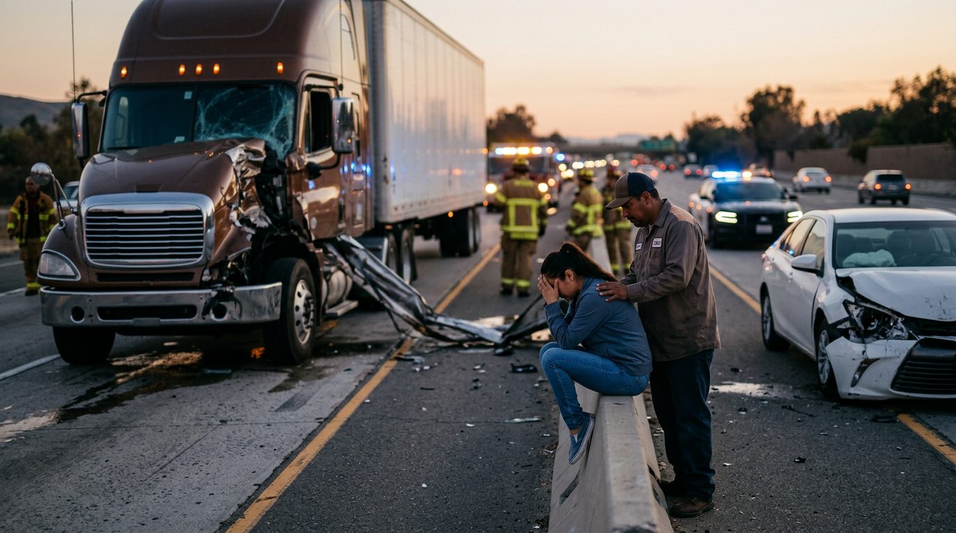Accidente de camión comercial en carretera con personas hispanohablantes afectadas.
