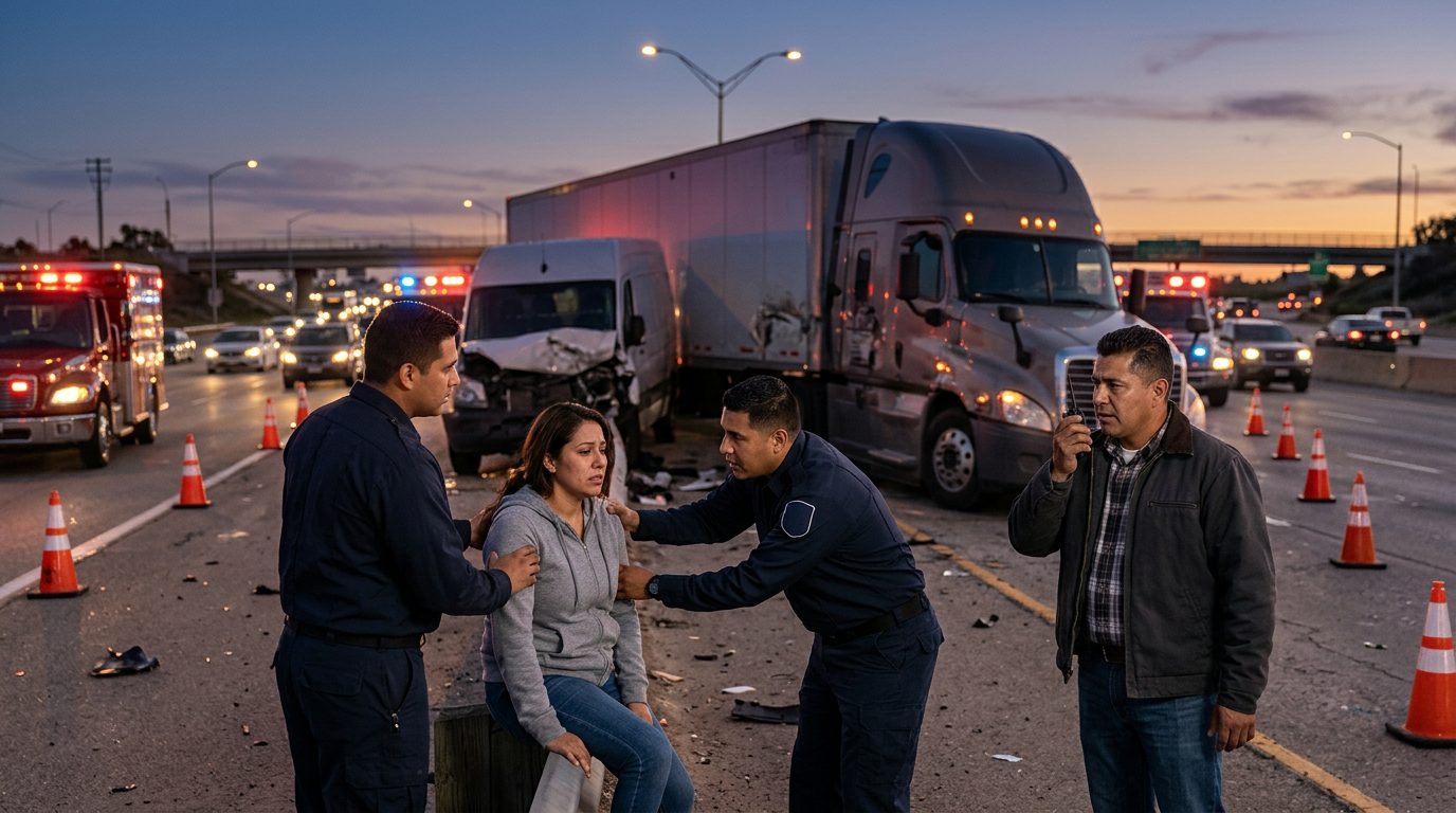 Accidente de camión comercial en carretera con personas hispanas evaluando daños al atardecer.
