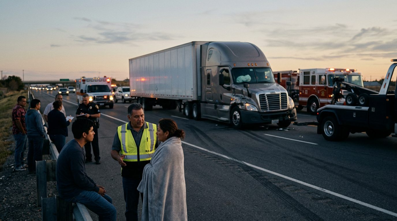 Accidente de camión comercial en carretera con personas hispanas al atardecer.