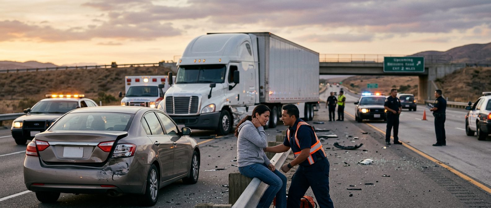 Accidente de camión comercial en carretera con personas hispanolas evaluando daños.