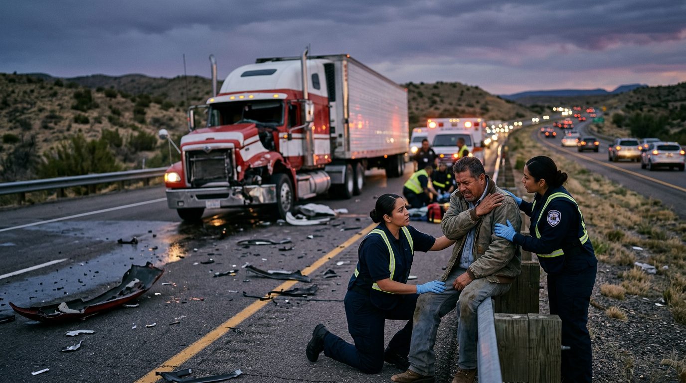 Accidente de camión comercial en carretera con personas hispanohablantes.