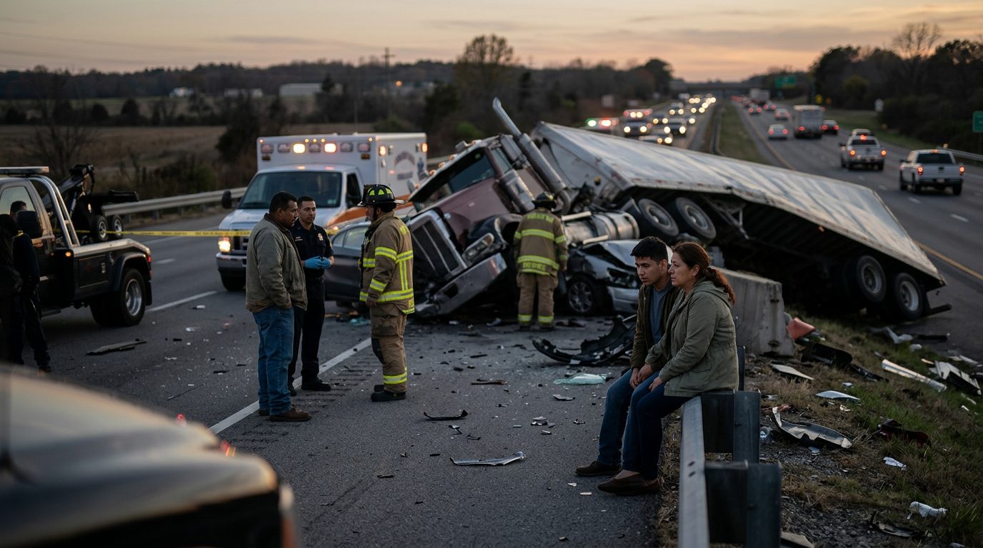 Accidente de camión comercial en carretera con personas hispanohablantes.