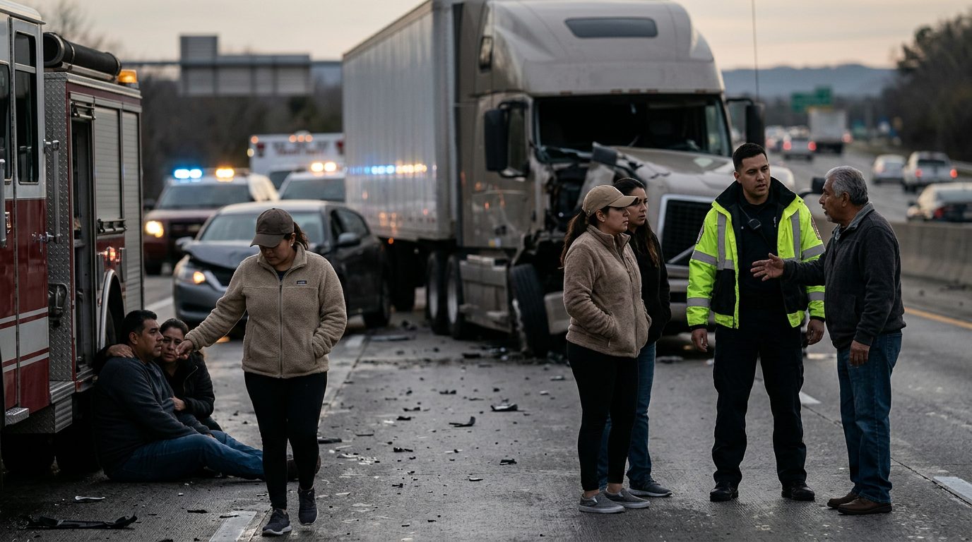 Accidente de camión comercial en carretera con personas hispanohablantes al atardecer.